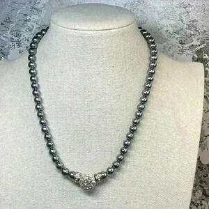 Grey Glass Pearl Necklace 2 Wearing Options with Rhinestones Vintage